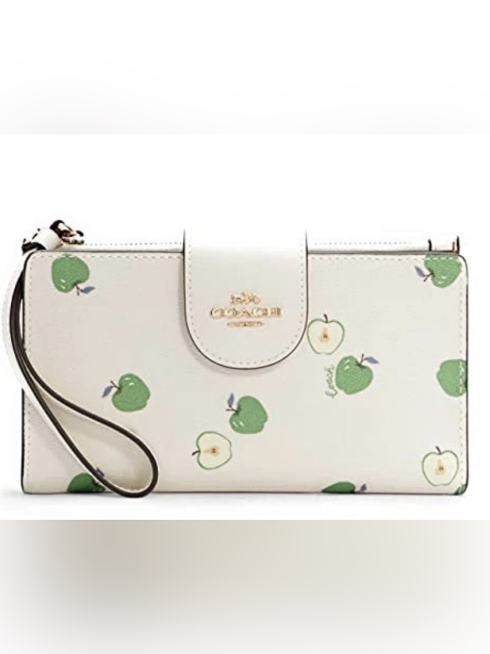 Coach Phone Wallet Cream Leather Wristlet with Green Apple Print and Gold Logo